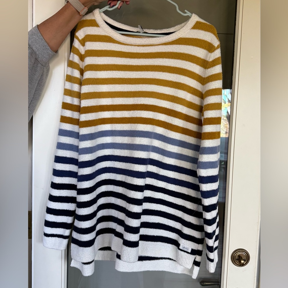 Joules Women's Gold, White, and Blue Striped Sweater